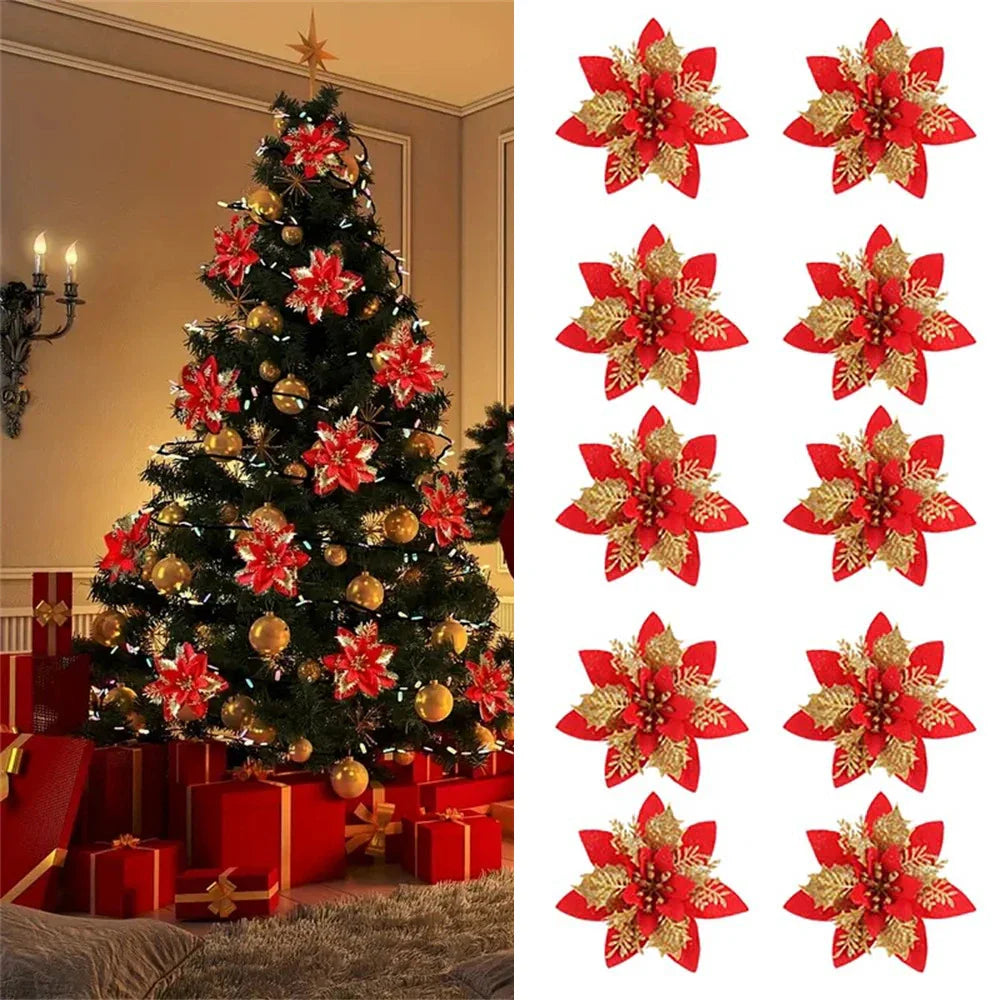 Glitter Artificial Christmas Flowers – 14.5cm Pink, Red & Gold Tree Ornaments for Holiday Home Decor