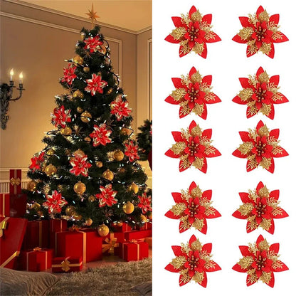 Glitter Artificial Christmas Flowers – 14.5cm Pink, Red & Gold Tree Ornaments for Holiday Home Decor