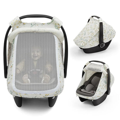Baby Car Seat Cover – Breathable Muslin Cotton Canopy with Mesh Window, Infant Stroller Sun Shade & Carrier Protection Cover