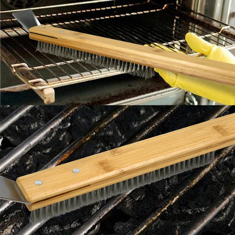 Kitchen Pizza Oven Copper Brush with Wood Handle - Bristle Brass Grill Cleaning Small Brush for Oven Cleaner