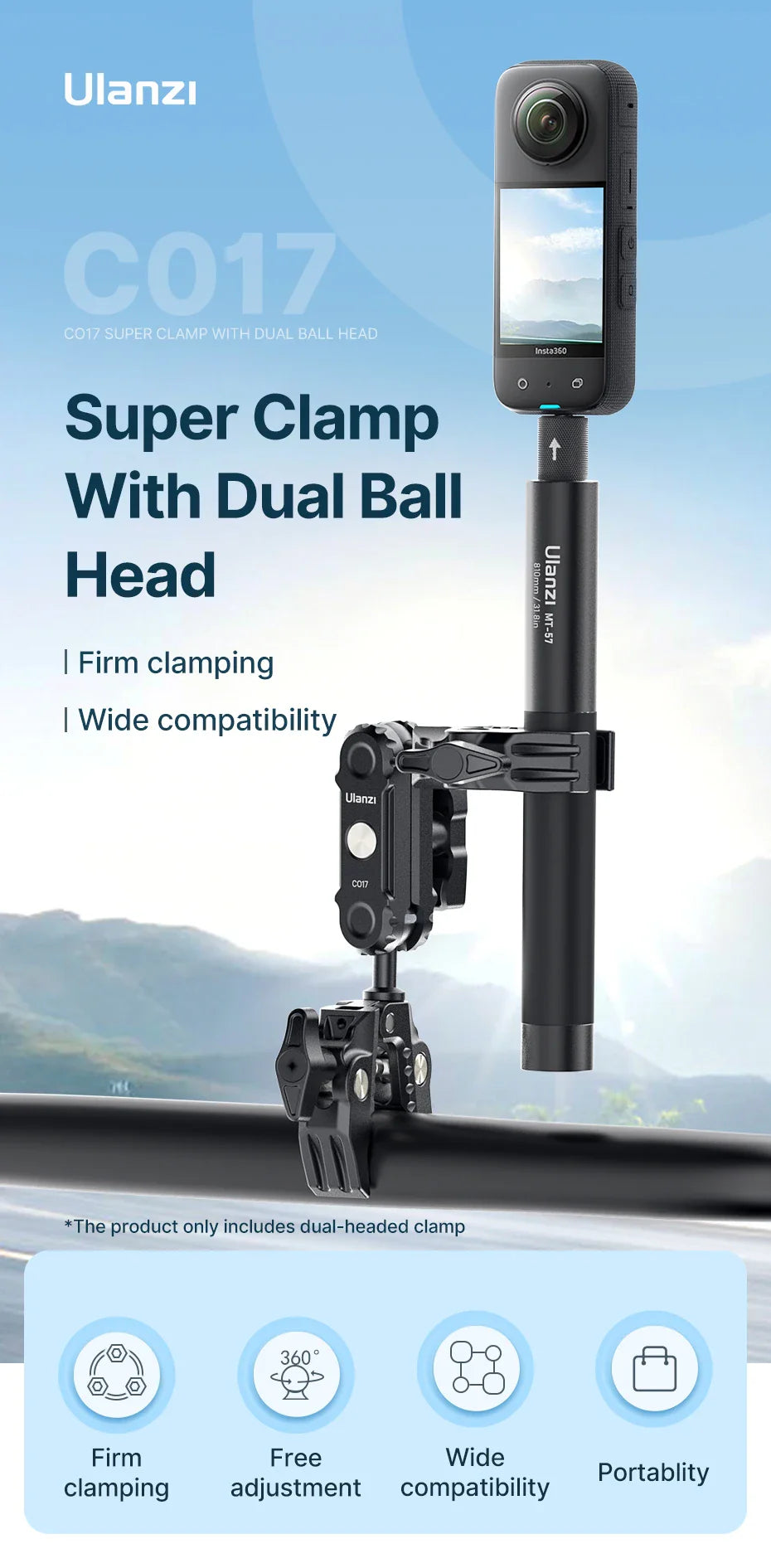 Ulanzi CO17 Super Clamp with 360° Dual-Head Magic Arm & Arri Adapter for Panoramic Camera, LED Light, and Umbrella