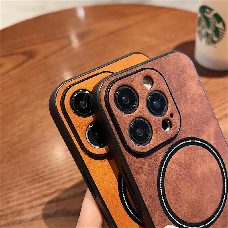 Luxury Cortex Leather Magnetic Phone Case - Wireless Charging Shockproof Bumper Cover for iPhone 12, 13, 14, 15, 16 & 17 Pro Max