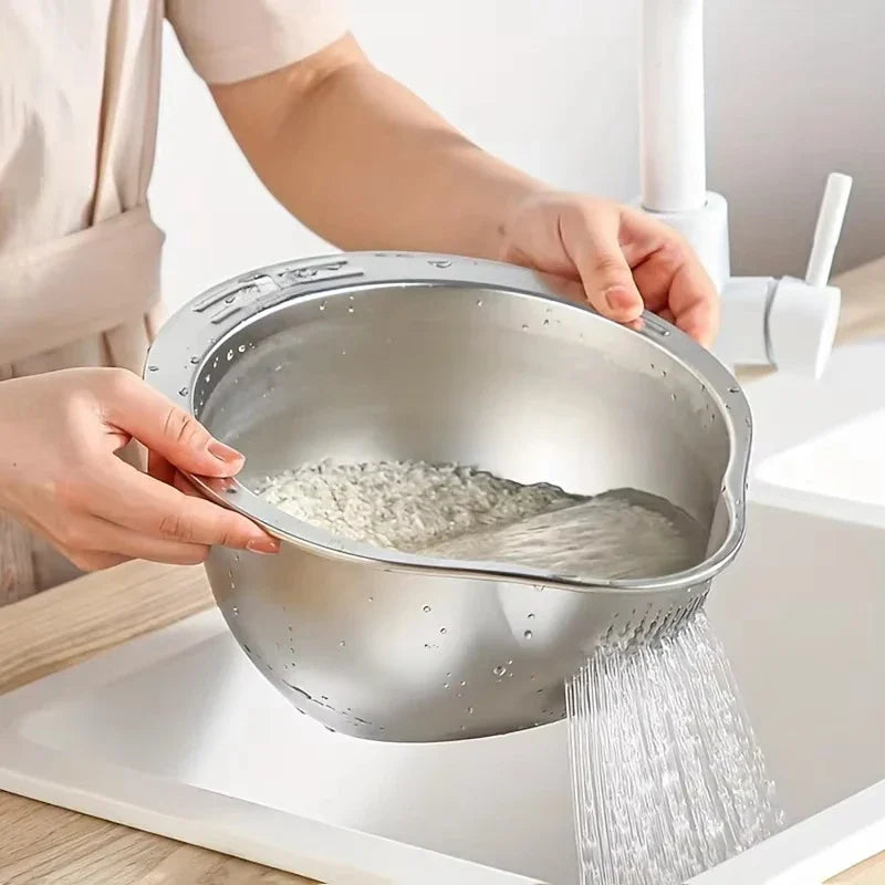 Stainless Steel Rice Washer Strainer Bowl – Multi-Purpose Rice, Fruit & Vegetable Sieve for Kitchen Use
