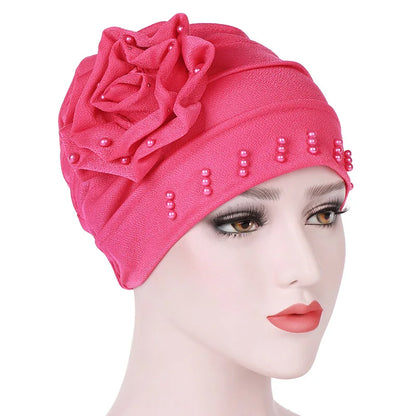 2024 Pearl Embellished Muslim Turban Beanie for Women – Elastic Hijab Headwrap with Flower Chemo Cap