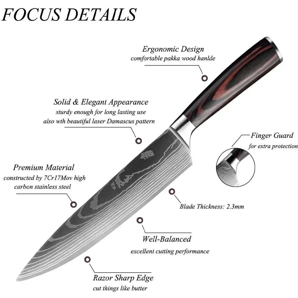 Laser Damascus Kitchen Knife Set – Cleaver, Meat, Fruit, Bread, Boning Knife and Chicken Scissors for Barbecue and Home Cooking