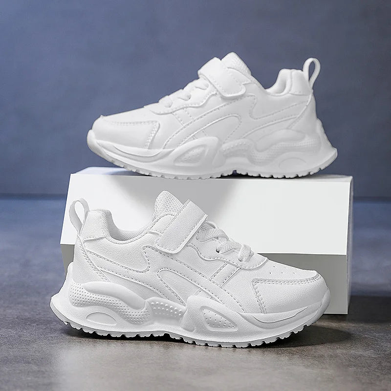 White Kids Leather Casual Shoes — Boys & Girls Outdoor Running Sneakers, Breathable Mesh, Non-Slip School Walking Sport Shoes
