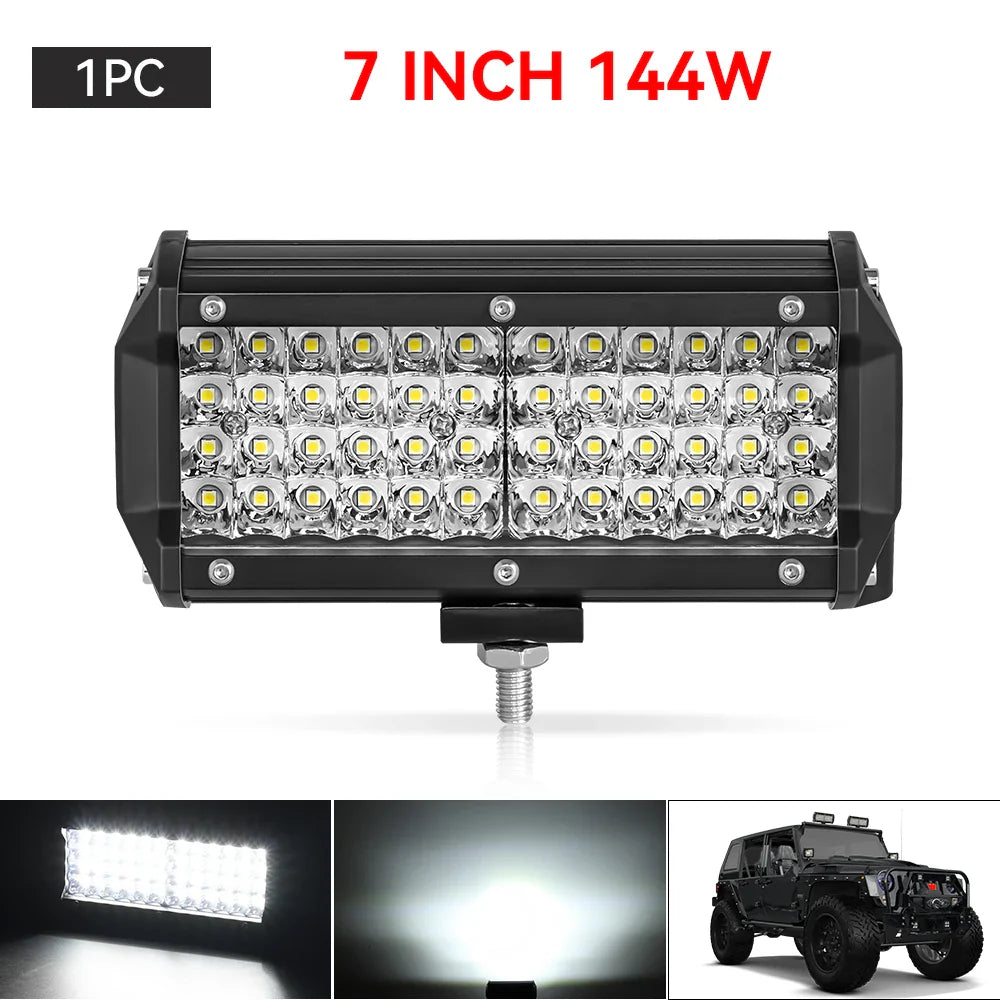 4" / 7" LED Work Light Bar 144W/120W Spot Flood Combo – Off-Road Lighting for Car, Tractor, Boat, Truck, SUV & ATV Repair & Utility Use
