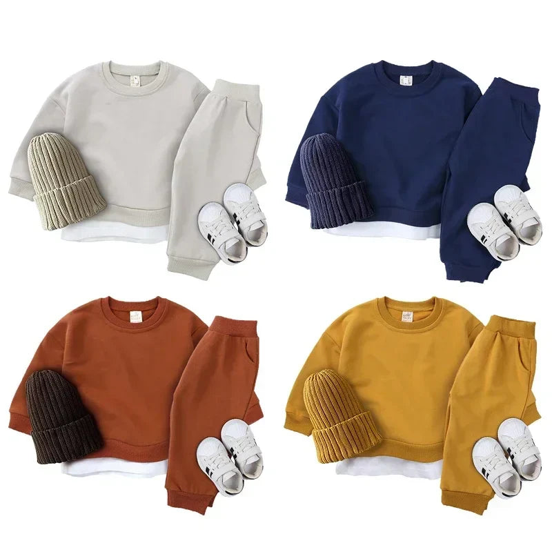 2PCS Kids Clothes Set for 1-7Y - Solid Cotton Pullover Sweatshirt & Pants, Long Sleeve Autumn Outfits for Boys & Girls
