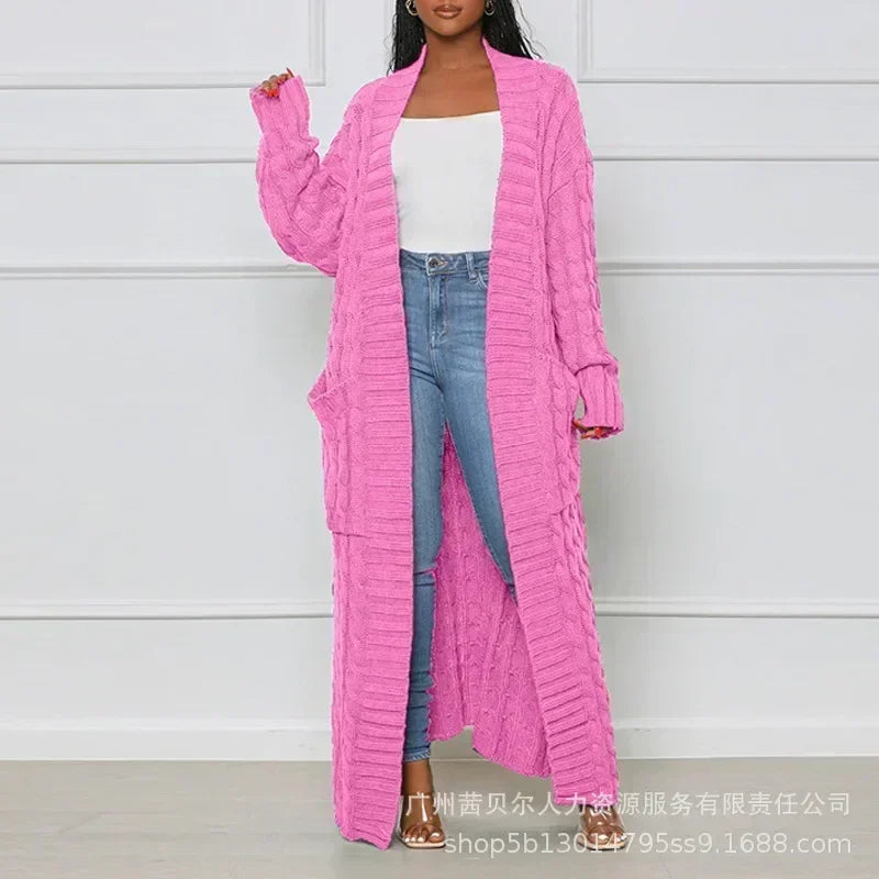 Open Front Cable Knit Longline Cardigan for Women – Long Sleeve, Loose Fit, Casual Fashion Knitwear, Solid Color
