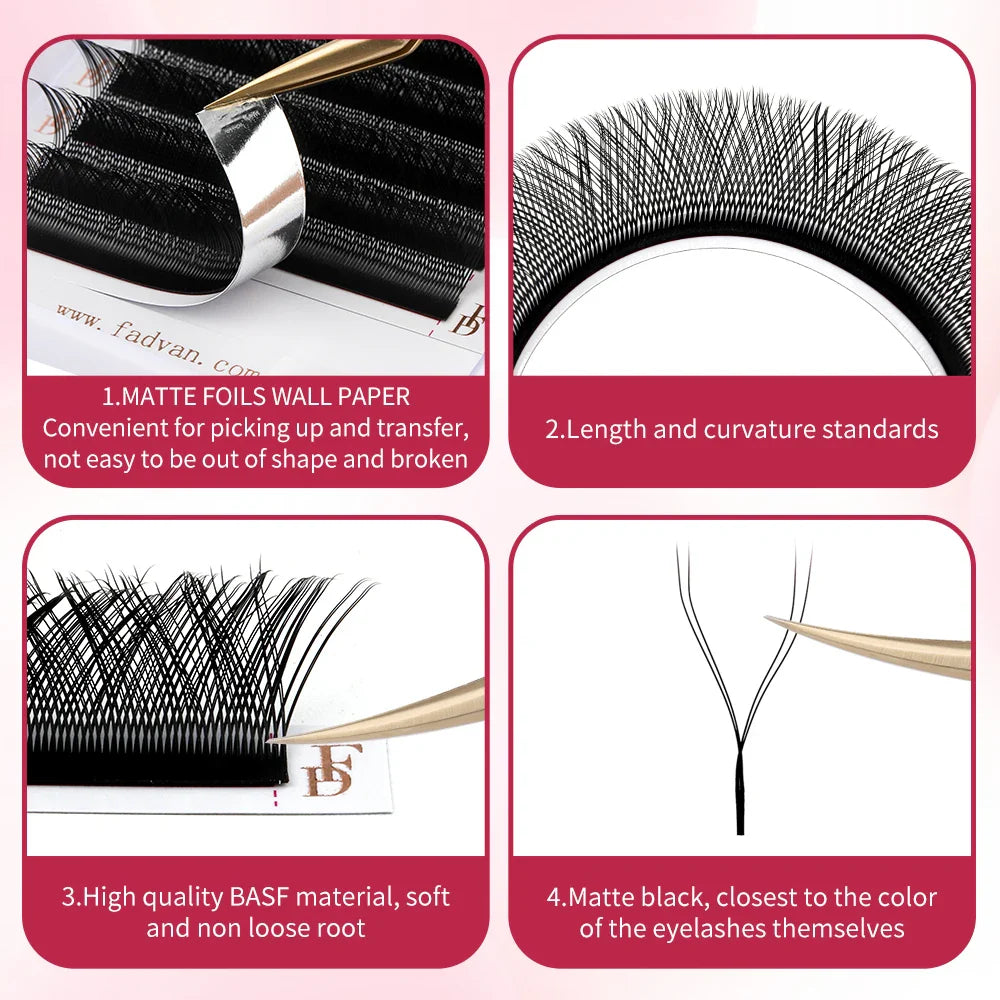 FADVAN YY Shape Eyelash Extensions – 2D/3D Faux Mink Premade Fan Lashes 8-15mm, Black & Brown, L+/L/LU(M)/C/D/DD Split Tip