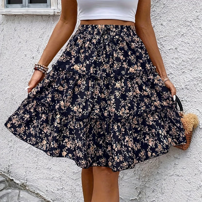 Women’s Floral Spliced Cake Skirt – Knee-Length Casual Skirt with Elastic Waist Strap, Comfortable Versatile Fashionable Design