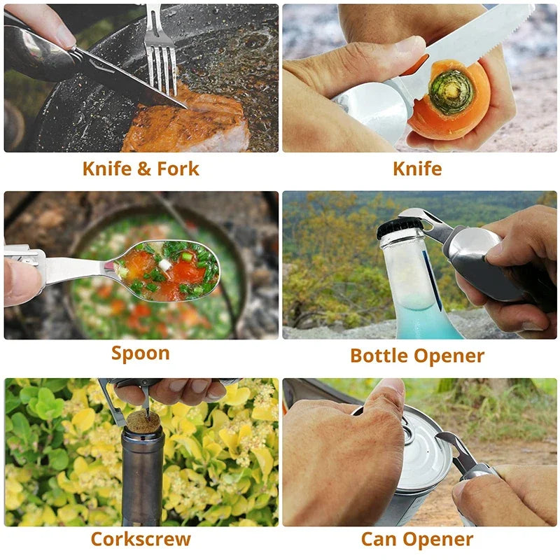 Folding Camping Cutlery Set – Multi-Function Portable Knife, Spoon, Fork, Bottle & Can Opener for Picnic & Outdoor Equipment