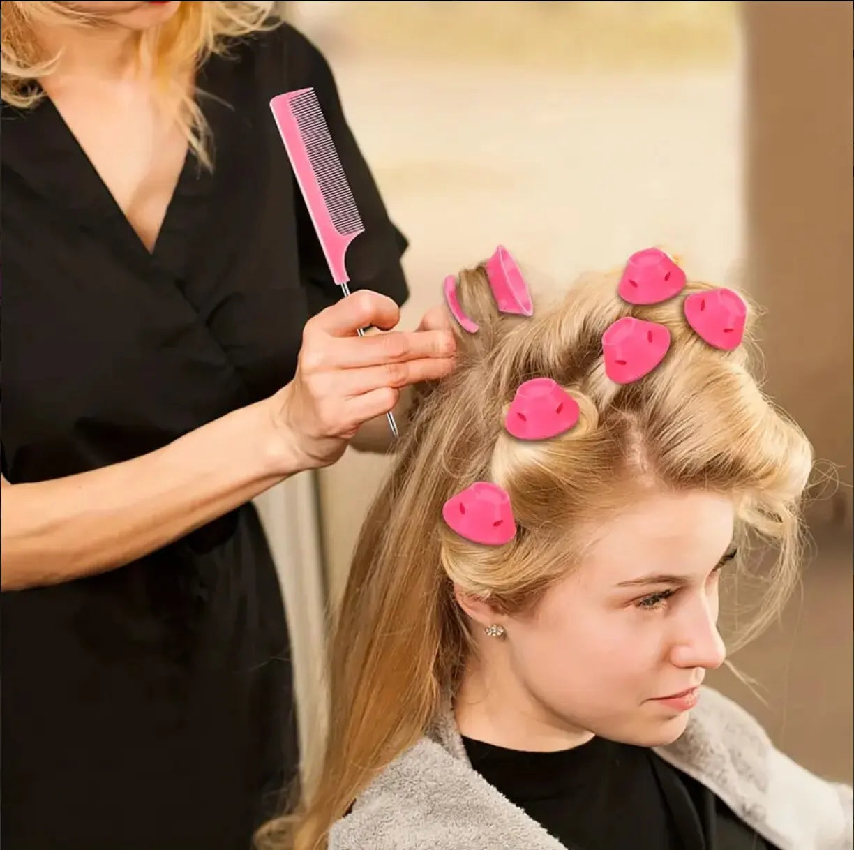 Pink Magic Silicone Hair Curlers – Soft Rubber No Heat, No Clip Hair Rollers with Bag & Hairnet for Curling
