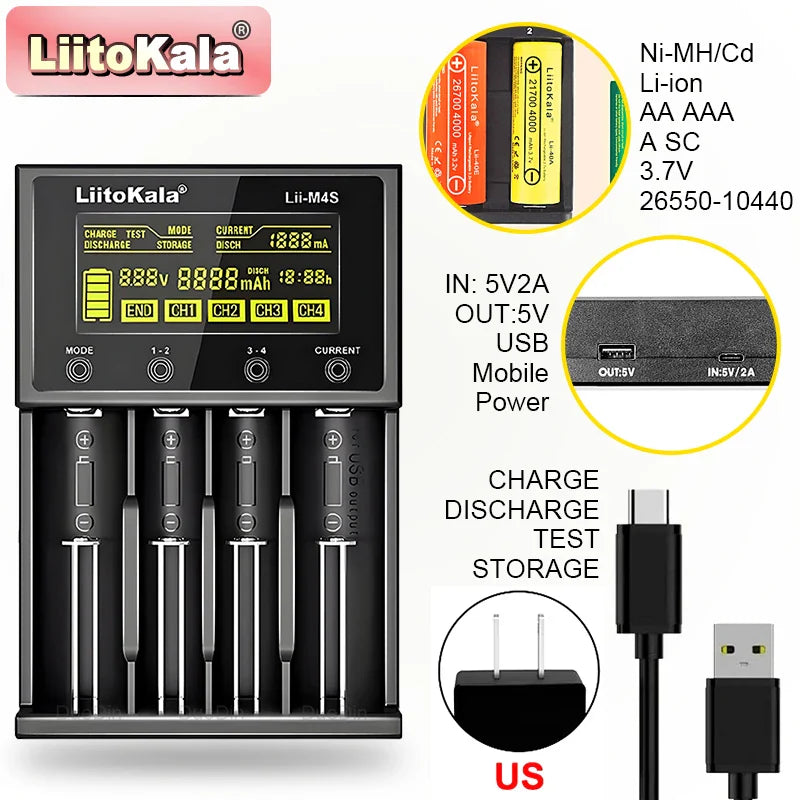 LiitoKala Lii-M4/Lii-M4S Battery Charger – 5V Plug (EU/AU/UK/US) for 3.7V Li-Ion & 1.2V AA/AAA/C Batteries (18650, 26650, 21700, 14500, 18350, 17500)