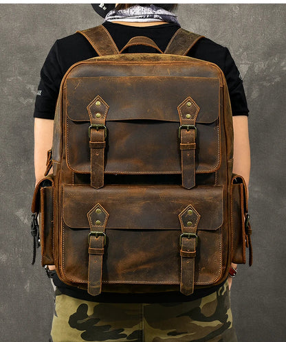 Vintage Crazy Horse Leather Backpack for Men — 17" Laptop Travel Rucksack Cowhide Hiking Bag M815