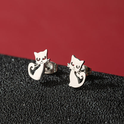 Jisensp Cartoon Cat Earrings — Cute Stainless Steel Kitten Studs for Women & Girls, Funny Animal Jewelry