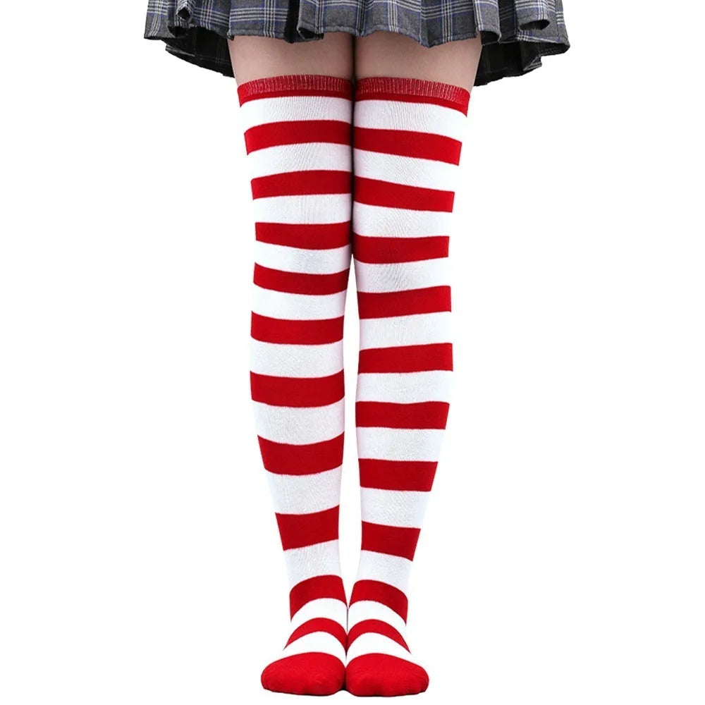 Color Striped Japanese Over-Knee Socks – Fashionable Slim Fit Black & White Stockings for Women