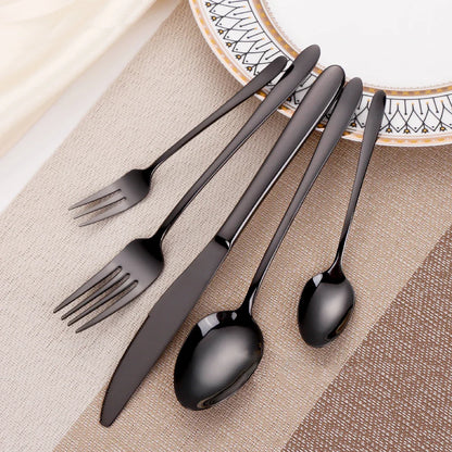 30/35/40-Piece Western Tableware Set – Elegant Black Stainless Steel Cutlery with Mirror Finish, Knife, Fork, Spoon for Kitchen and Dining