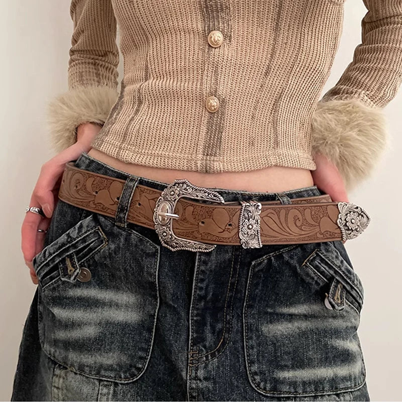Western Brown PU Leather Vintage Belt for Women — Cowgirl Waist Belt with Metal Carved Buckle, 3-Set Designer Belts for Jeans