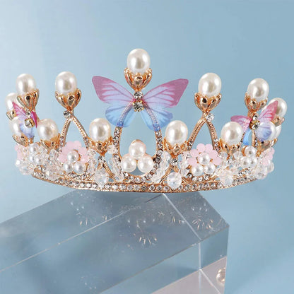 Model Catwalk Princess Crown - Handmade Butterfly Pearl Headband Tiara for Girls