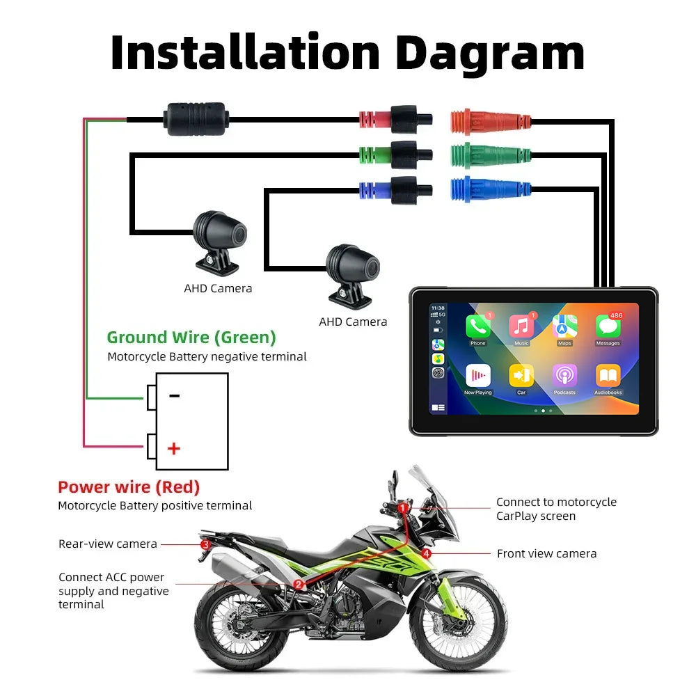 7-Inch Motorcycle GPS Navigation with Wireless Apple CarPlay & Android Auto – Waterproof Touchscreen Display, BT Connectivity, IPX7
