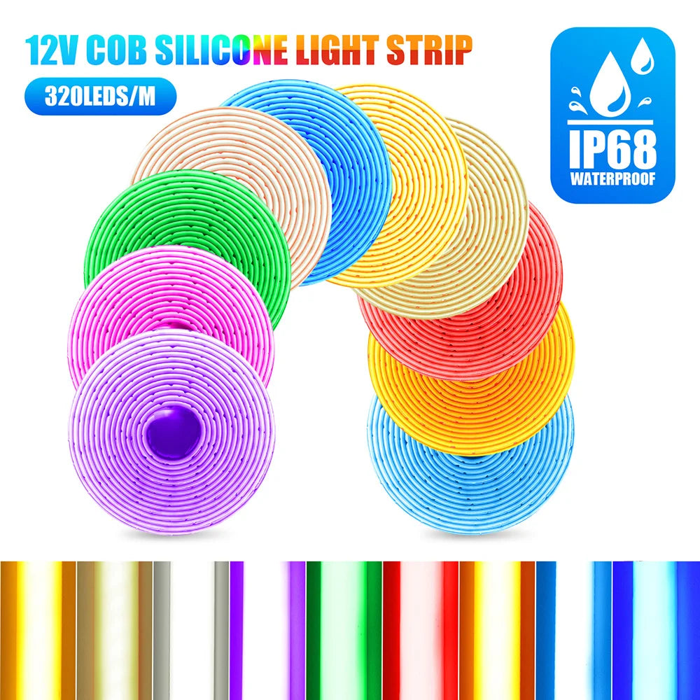 12V/24V Solar COB LED Strip Light IP68 Waterproof Flexible Tape Lamp 320 LEDs Warm & Natural White for Garden Decoration – 0.5M/1M/2M/5M