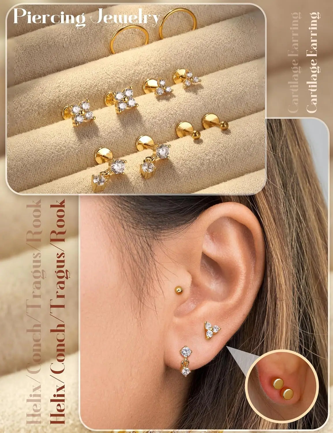 14K Gold Plated CZ Flat Back Stud Earrings – 316L Surgical Steel Threadless Nose, Helix & Cartilage Piercing Jewelry