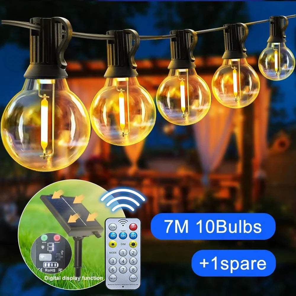 Solar G40 Outdoor String Lights with Remote – Shatterproof LED Globe Bulbs, IP65 Waterproof Patio & Garden Decor Lighting