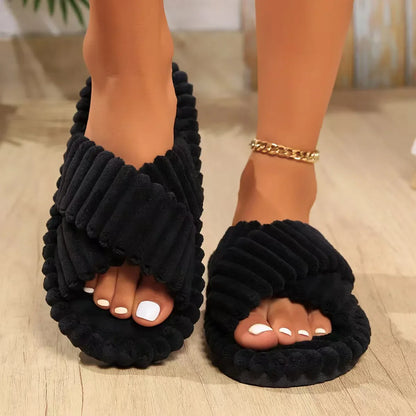 Women’s Fall/Winter Cross Strap Slippers – Comfortable Indoor Fleece Slip-On House Slippers for All Seasons