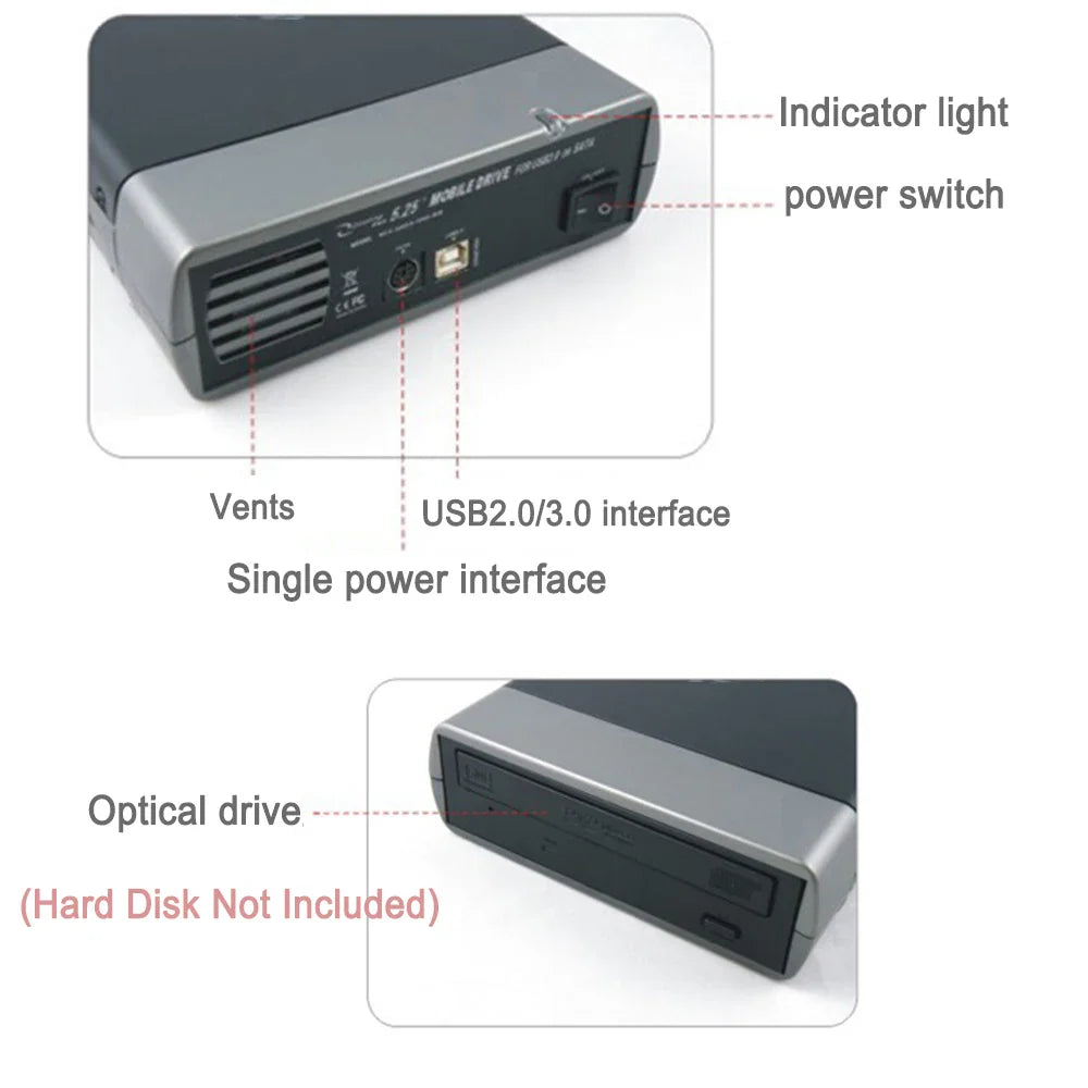5.25-inch USB 2.0/3.0 SATA External Optical Drive Case – Enclosure Adapter for Windows, Mac & PC