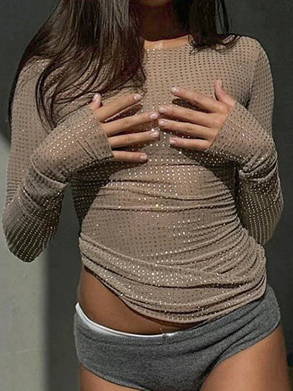 Women’s Hot Drill Flesh-Colored Sheer T-Shirt – Long Sleeve O-Neck Loose Tee Top, Casual Camisetas Mujer