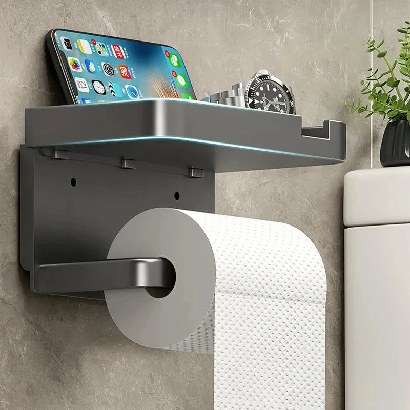 Bathroom Wall-Mounted Toilet Paper Holder with Storage Rack: Organizer for Seasoning Bottles, Kitchen Towels, and Phone