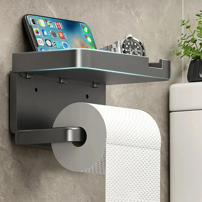 Bathroom Wall-Mounted Toilet Paper Holder with Storage Rack: Organizer for Seasoning Bottles, Kitchen Towels, and Phone