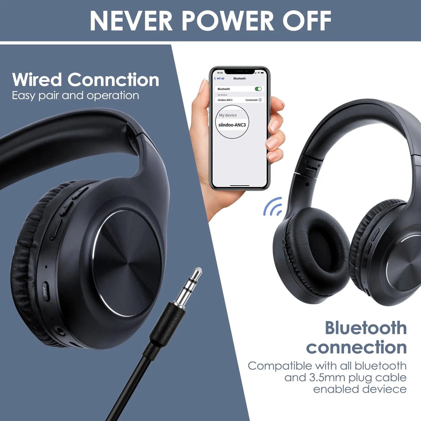 Siindoo JH-ANC923 Active Noise Cancelling Wireless Headset - Foldable Over-Ear Bluetooth Headphones with Mic, Hi-Fi Stereo & Deep Bass
