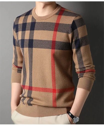 Luxury Men’s Knitted Wool Pullover – Autumn Winter O-Neck Striped British Casual Sweater