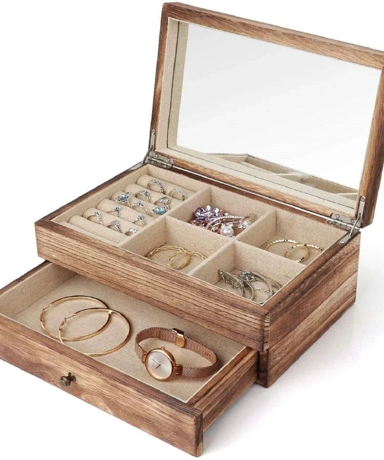 Vintage Solid Wood Jewelry Box – Two-Layer Necklace & Earring Display with Mirror