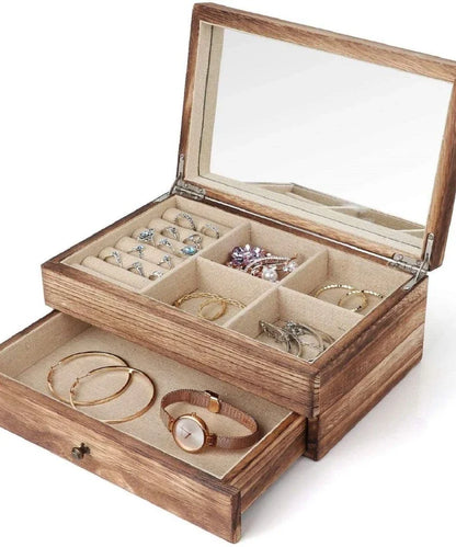 Vintage Solid Wood Jewelry Box – Two-Layer Necklace & Earring Display with Mirror