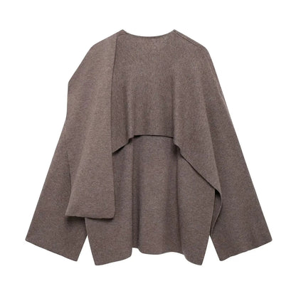 ZBZA Women’s Asymmetric Scarf Knitted Jacket – O Neck Single Button, Side Slit Loose Coat, Winter Chic Outerwear