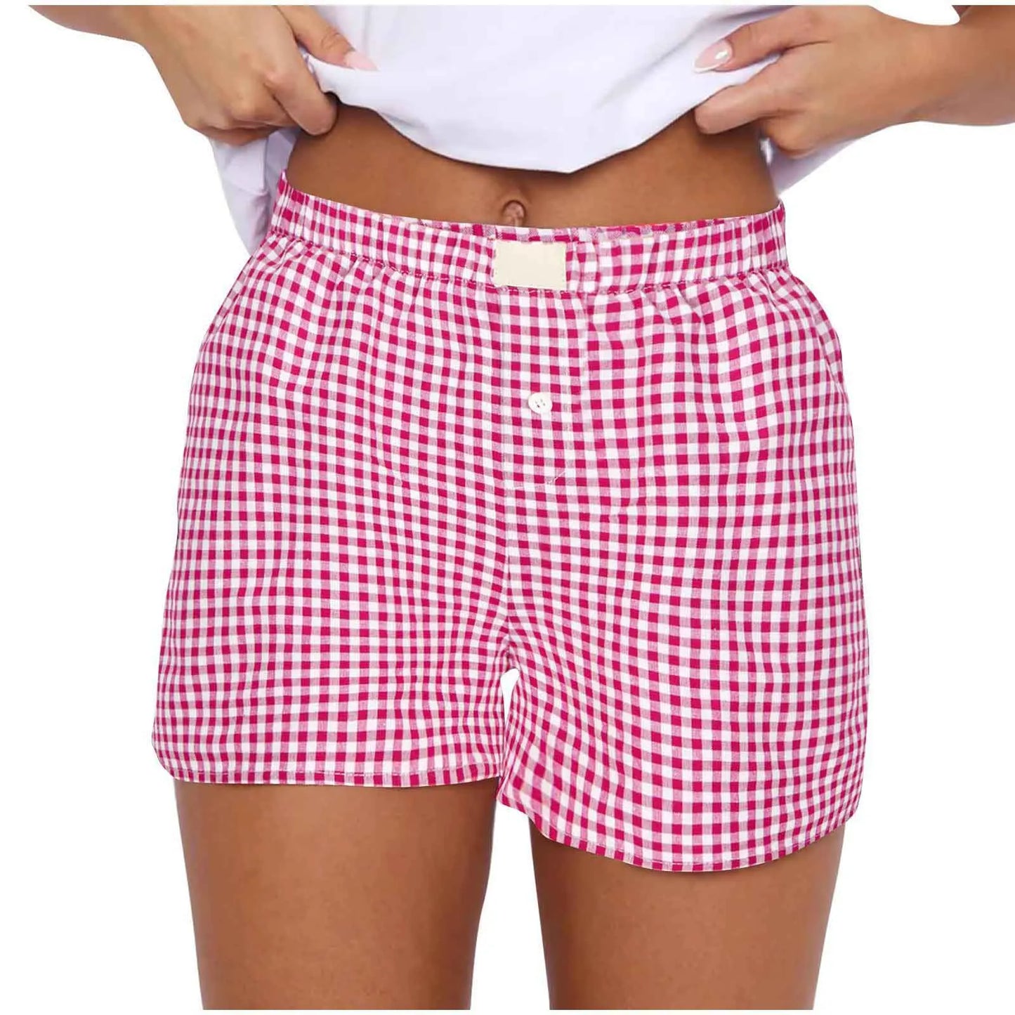 Women’s Teen Girls Elastic Waist Pull-On Red & Blue Plaid Casual Lounge Summer Shorts