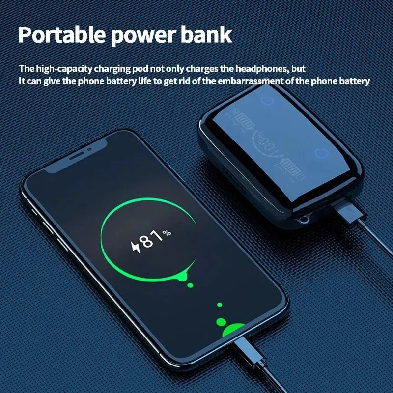 M19 Bluetooth Wireless Headset – TWS Gaming Earbuds with Noise-Cancelling, Touch Control & Mini Emergency Power Bank