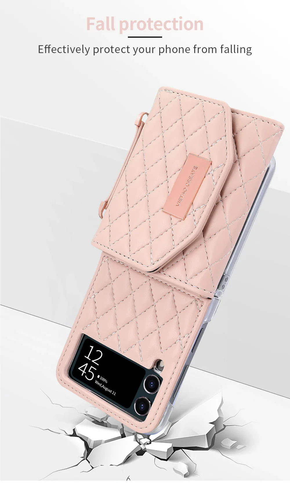 VIETAO Leather Wallet Phone Case with Crossbody Strap — Pink Purse Case for Samsung Galaxy Z Flip 3/4/5/6/7