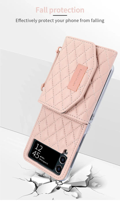 VIETAO Leather Wallet Phone Case with Crossbody Strap — Pink Purse Case for Samsung Galaxy Z Flip 3/4/5/6/7