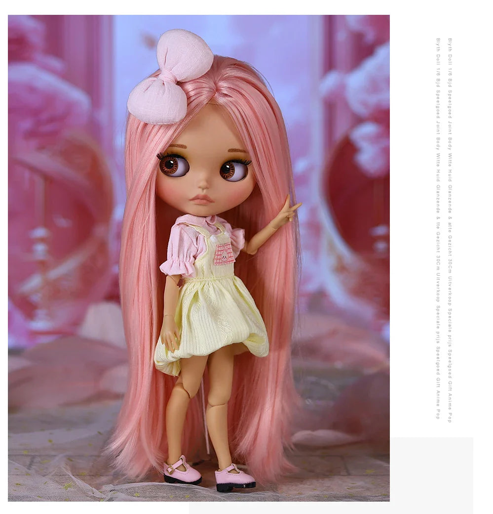 ICY DBS Blyth Doll – 1/6 BJD Joint Body, 30cm Brown Skin Matte Face with Bow, Cute Anime Girl Gift