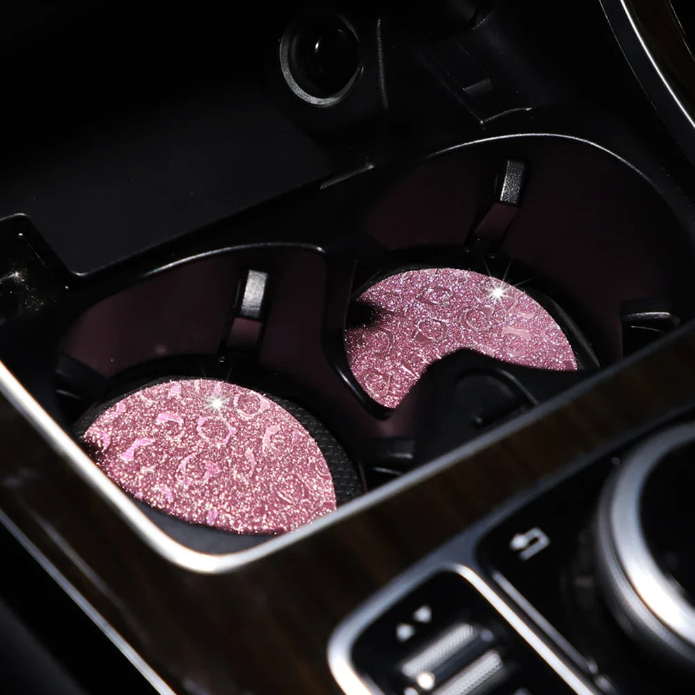Waterproof Car Cup Holder Set - Glitter Leopard Print TPU Anti-Slip Interior Accessories