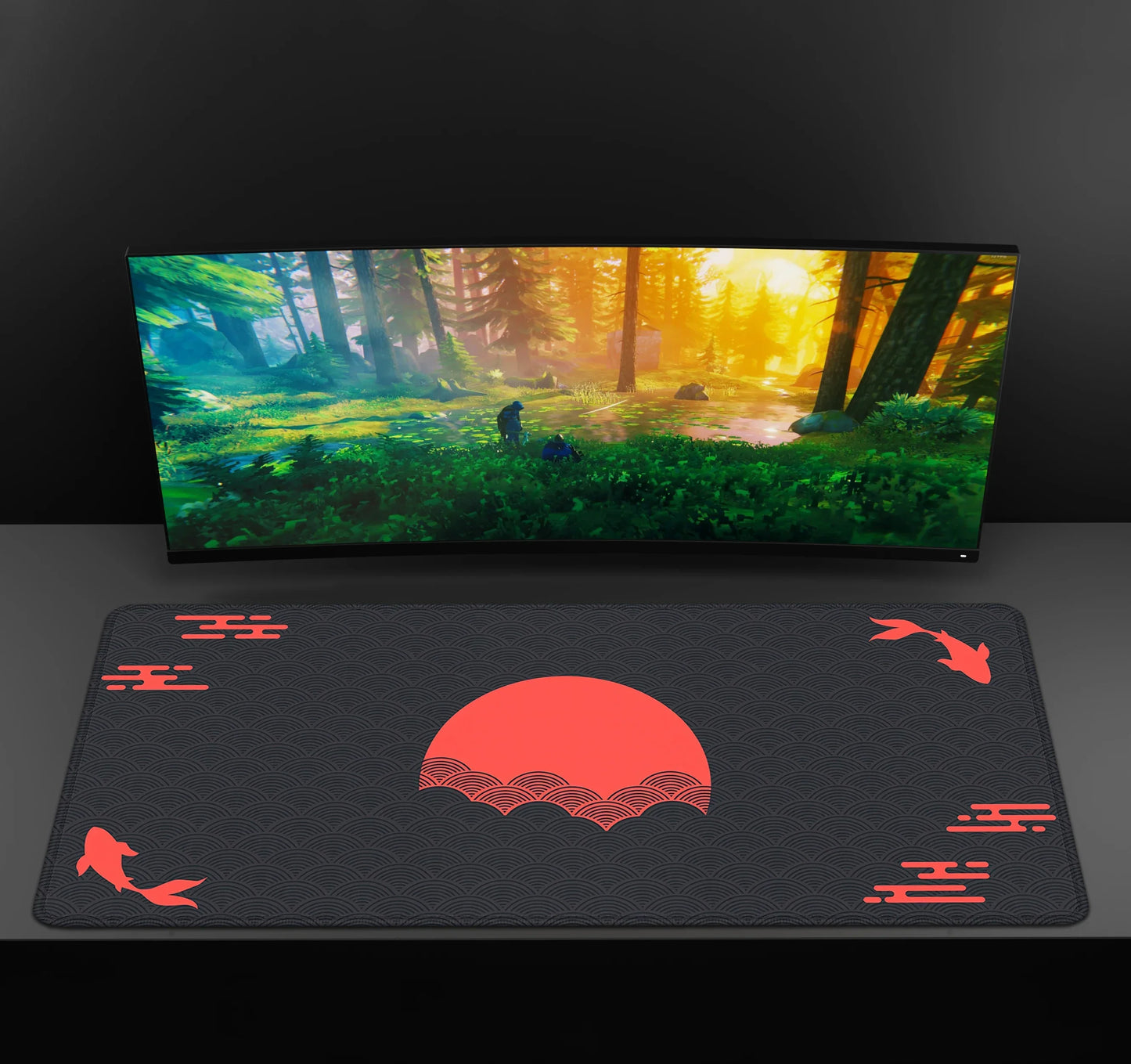 Japanese XXL Desk Mat 90x40 — Black & Red Koi Fish Gaming Mouse Pad, Sunrise Art Rubber Mousepad