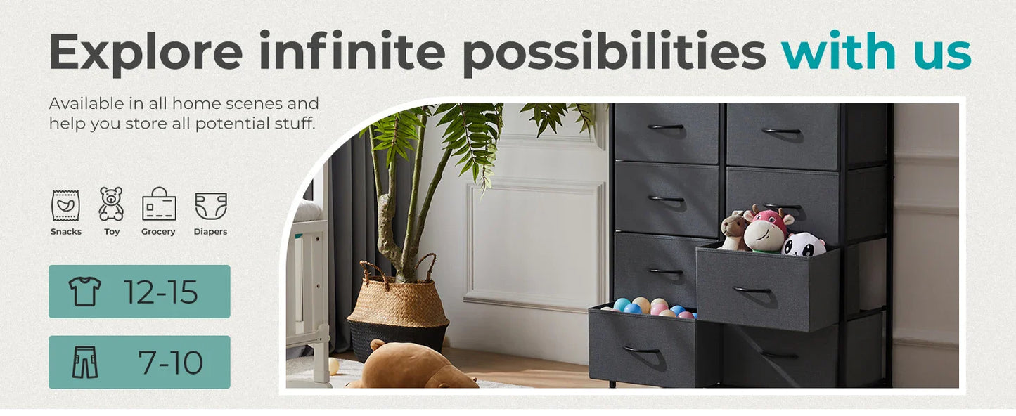 Bedside Table with 10 Fabric Drawers – Steel Frame Nightstand Storage Cabinet for Bedroom Clothes Organizer