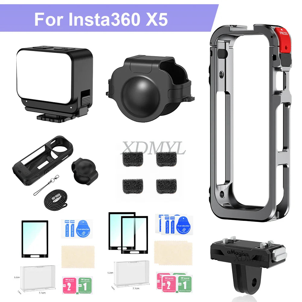 Aluminum Alloy Protective Cage for Insta360 X5 – Camera Frame with Silicone Lens Cover & 1/4" Cold Shoe