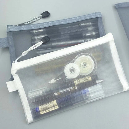 Large Transparent Mesh Pencil Case — Nylon Zip Storage Bag for School & Office Supplies