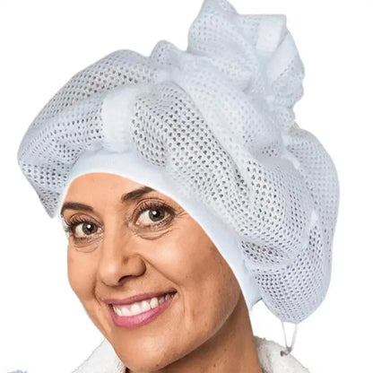 Reusable Mesh Plopping Bonnet — Adjustable Hair Drying Hood with Drawstring