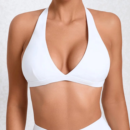 WANAYOU Women’s Deep V Yoga Bra — Halter Sports Crop Top | Padded Open-Back Gym & Fitness Workout Top